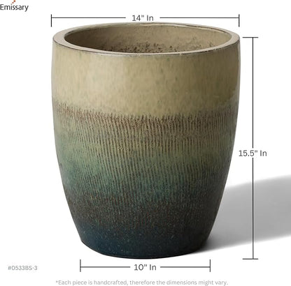 Emissary Bullet 14 in. Bayside Green Ceramic Round Planter (14 in. L x 14 in. W x 15.5 in. H) with Drainage Hole