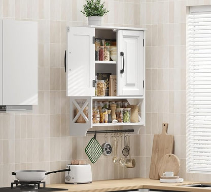 Bathroom Cabinet Wall Mounted, White Bathroom Wall Cabinets with Towel Bar and 2 Doors, Wooden Medicine Cabinet with Adjustable Shelf, Open Storage