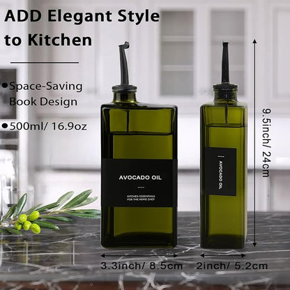 Olive Oil Dispenser Bottle for Kitchen 16.9oz, UV-Blocking Oil and Vinegar Dispenser Set, Soy Sauce Dispenser, Space Saving Design for Countertop (Green, 2pcs)