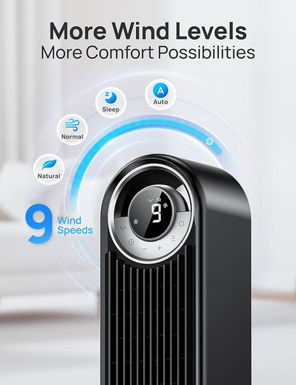 Dreo Tower Fan for Bedroom, Upgraded DC 9 Speeds 25dB Ultra-Quiet Floor Fan, 90° Oscillating Fans with 28ft/s Velocity, 12H Timer, Standing Fan, Bladeless Fan Powerful for Home Office Room
