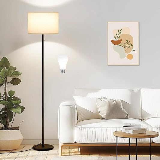 Ambimall Floor Lamps for Living Room with 3 Color Temperatures Bulb & Pull Chain Switch, 60" Modern Standing Floor Lamp for Bedroom Kids Room Study Room（Dark Beige Shade & Black Pole）