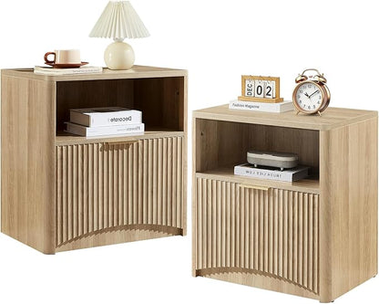 Fluted Nightstand Set of 2, Natural Oak Bedside Table with Drawer and Storage, Wood End Table Mid Century Modern, Large Night Stand for Bedroom