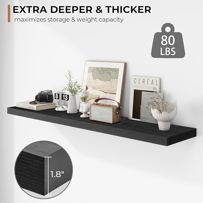 Fun Memories Floating Shelves - 12 Inch Rustic Wooden Wall Shelves - Extra Deeper & Thicker Wall Mounted Storage Shelf for Living Room, Kitchen, Farmhouse - 55" W x 12" D x 1.8" H - Rustic Black