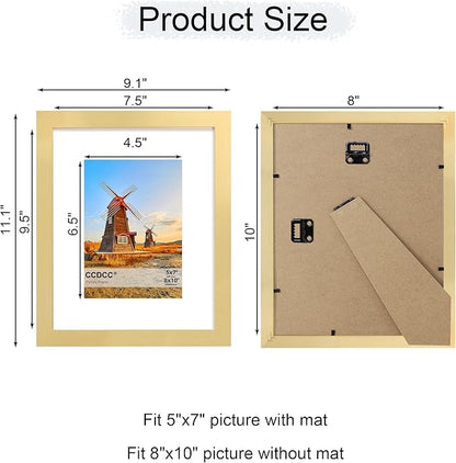8x10 Picture Frame Set of 4, 8 x 10 Wood Photo Frames with Mat for 5x7, Wooden Frame with Real Glass Cover for Wall and Tabletop Display,Gold
