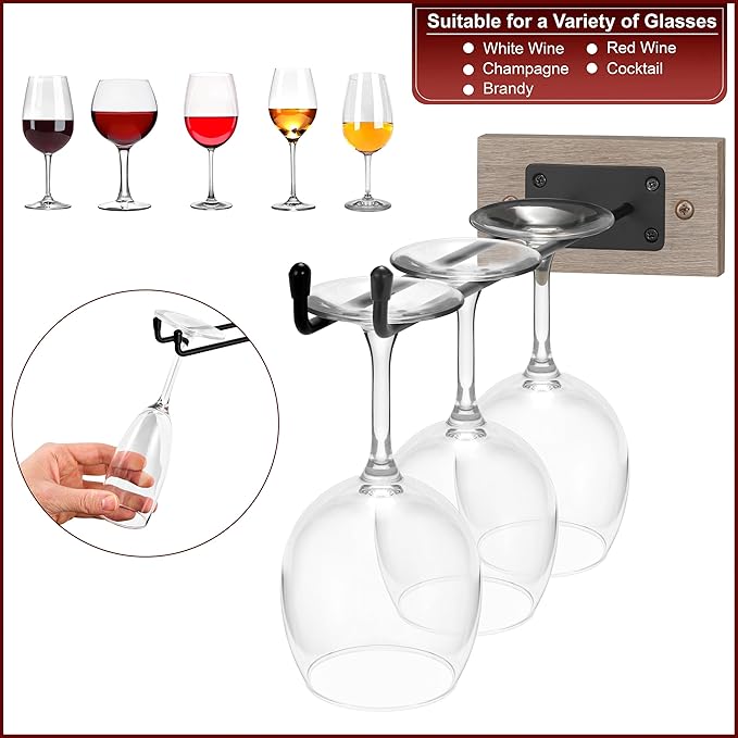 Sorbus Wall Mounted Wine Glass Stemware Rack Set - Wire & Wood Wine Rack Wall Mounted for Wine Glasses, Champagne Glasses, and Drinkware - Complete Your Home Bar & Kitchen Storage, Grey
