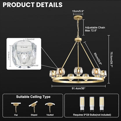 Gold Wagon Wheel Chandelier, 36 Inch Brass Chandeliers with Unique Glass Shade, 9-Light Crystal Farmhouse Wagon Wheel Chandeliers for Dining Room, Round Chandelier for Living Room, Foyer, Entryway
