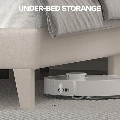 King Size Bed Frame with LED Lights, Upholstered Bed Frame with Wingback Diamond Tufted Headboard, Wood Slats Support, Noise-Free, Easy Assembly, No Box Spring Needed, Beige