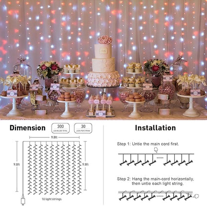 JMEXSUSS 300LED Red and White Christmas Curtain Lights with Remote, 9.8x9.8ft Christmas String Lights Plug in, 8 Modes Twinkle Hanging Fairy Lights for Bedroom Window Wall Porch Indoor Outdoor Decor