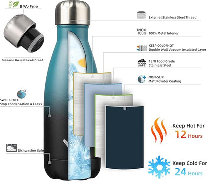 Insulated Water Bottles,12 oz Double Wall Stainless Steel Vacumm Metal Flask for Sports Travel,Indigo Black