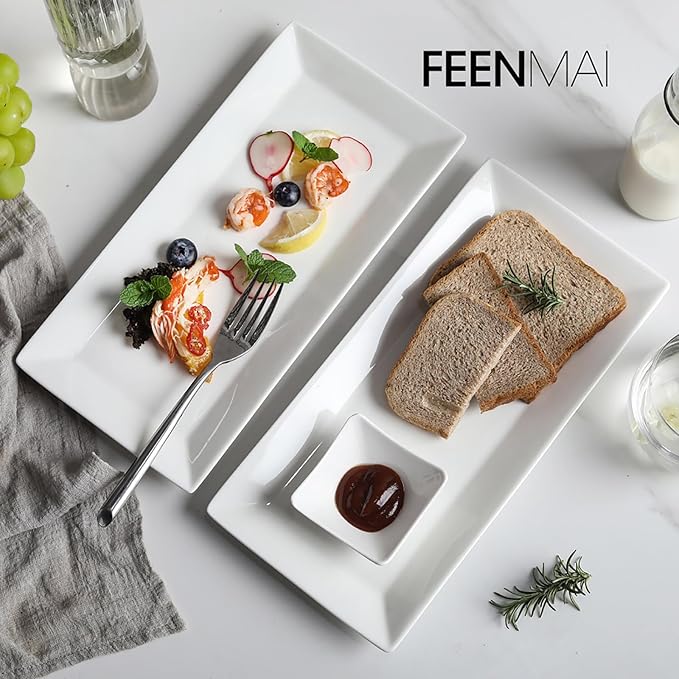 12" Serving Platters Set of 4, White Rectangular Plates, Ceramic Serving Tray, Stackable Large Party Plates for Appetizer, Dessert, Steak, Sushi, Housewarming, Oven Dishwasher Safe