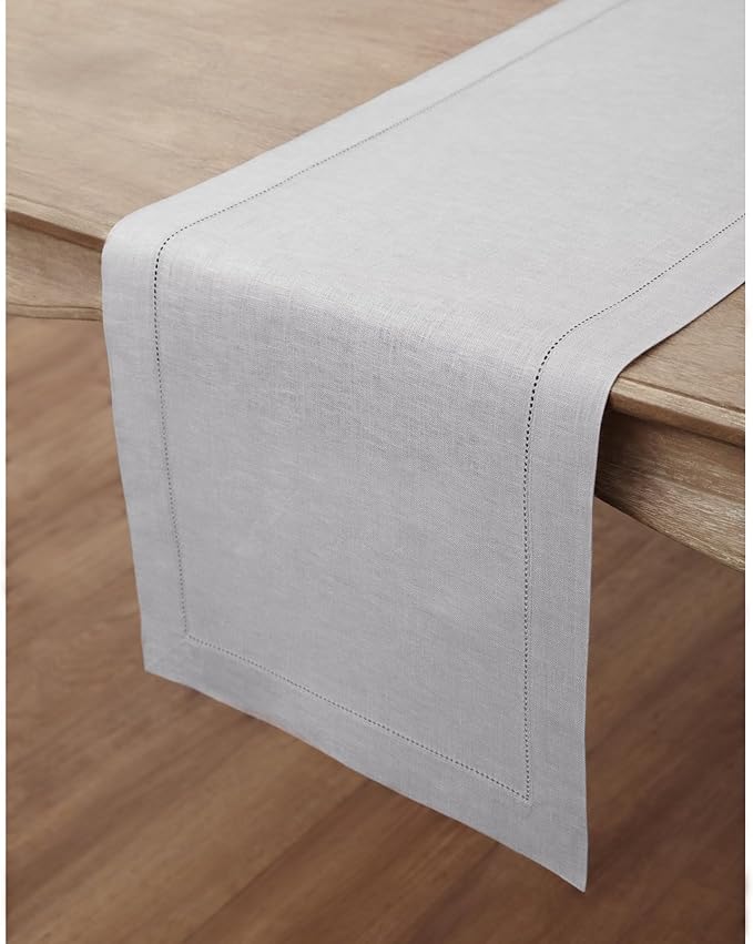 Solino Home Linen Soft Grey Table Runner 120 Inches Long - 100% Pure Linen Hemstitch 14 x 120 Inch Table Runner for Dining, Fall, Autumn, Thanksgiving - Classic Hemstitch
