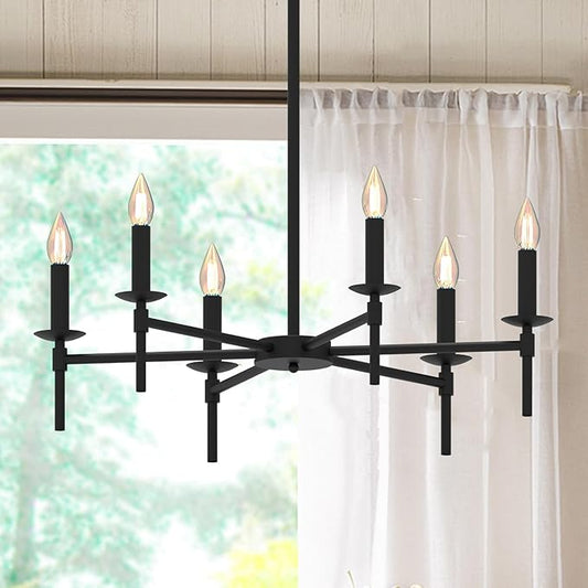 Black LED Chandeliers, Round Candle Hanging Lamp Ceiling, Modern Bedroom Chandelier Light Fixture for Kitchen Island Dining Room Living Room Farmhouse (Black-B 6Lights)