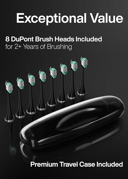 Aquasonic Black Series Ultra Whitening Toothbrush – ADA Accepted Electric Toothbrush- 8 Brush Heads & Travel Case – 40,000 VPM Electric Motor & Wireless Charging - 4 Modes w Smart Timer