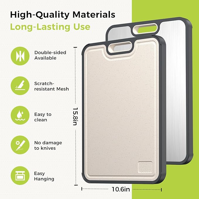 Titanium Cutting Board for Kitchen, Cutting Board Double Sided Food Grade, Pure Titanium and Wheat Straw PP, Easy to Clean Large Size 16”×11”