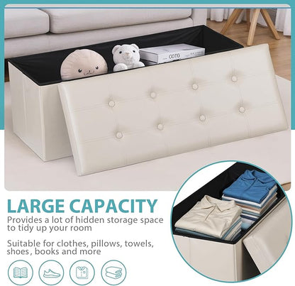SUPER DEAL Folding Ottoman Bench with Storage, 43 Inch Padded Seat Footrest Shoes Bench for Bedroom Living Room Entryway, 660 lbs Capacity 43"x 15"x 15", Faux Leather, Beige