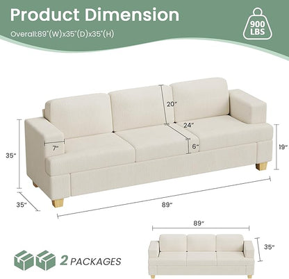 2 Pieces Corduroy Couch Set for Living Room, 5 Seats Cloud Sofa, Deep Seat Floor Couch for Bedroom, Futon Modern Sofa Bed, White Corduroy