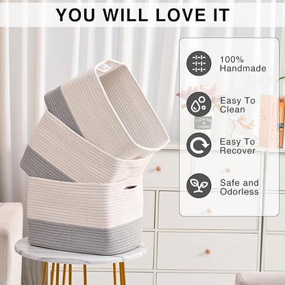 Storage Baskets for Organizing Shelves, Woven Cotton Rope Bins for Baby Nursery Organization, Book Toy Towel Organizer, 15"x11"x9.5", 3 Packs, Off White & Grey