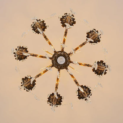 Vintage 8 Arms Crystal Chandelier Candle Light Fixture for Dining Room Living Room Bedroom Hallway Entryway Antique Gold Finish (27"-8 Lights)