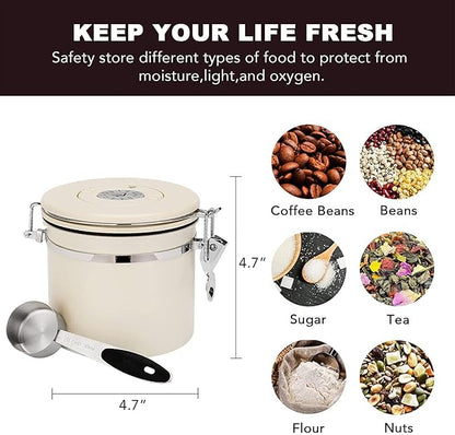 ShanSon Coffee Canister Airtight Coffee Container Stainless Steel Coffee Bean Storage Container with Scoop Coffee Canister for Beans Grounds Sugar Flour Tea Cereal,11OZ, Beige