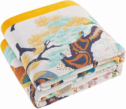 Fall Throw Blanket for Couch, Yellow Boho Decorative Throw Blanket, 100% Cotton Muslin Breathable Woven Farmhouse Blankets Quilt, 90"x98" Reversible Lightweight Blankets Bohemian Throw Quilt