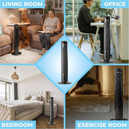 Comfort Zone 32-Inch Bladeless Tower Fan with 3 Speeds, 90° Oscillation, Portable Indoor Stand Fan with Built-In Carry Handle – Quiet Cooling for Bedroom, Black