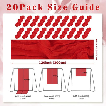 20 Pack Red 10FT Cheesecloth Table Runner Rustic Gauze Fabric Cheese Cloth Table Runner for Wedding Bridal Baby Shower Table Decor Boho Sheer Birthday Party Table Decorations 20 x 120 Inch Long