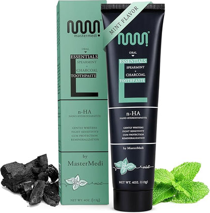 MasterMedi Charcoal Toothpaste with Nano Hydroxyapatite – Fluoride Free, SLS Free, Sensitive Whitening, Enamel Support, Spearmint Flavor, Dentist Recommended, 4 oz (Pack of 1)