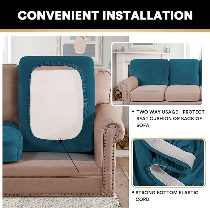 PrinceDeco Stretch Sofa Cushion Covers for Couches and Sofas,Soft Velvet Couch Seat Covers, Sofa Covers Washable, Seat Cushion Cover for 3 Couch Sofa Pet Friendly - Deep Teal, Each Width Up to 29.5"