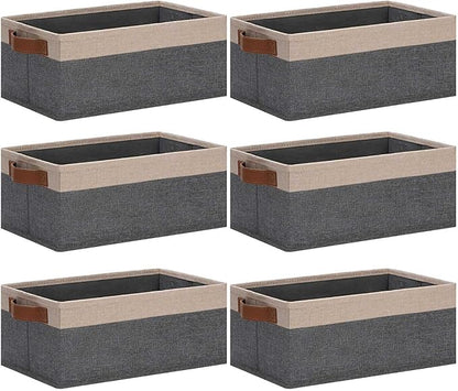 GhvyenntteS Small Fabric Storage Bins 6 Pack, 11.8" x 7.87" x 5.11" Storage Basket with Leather Handles, Closet Storage Bins for Shelves, Storage Baskets for Shelves, DVD Storage (Grey/Beige Yellow)