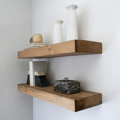 Modern Floating Shelves 3 Inches Thick for Wall, Wide Shelves for Kitchen, Living Room, Bedroom, and Bathroom, Natural Pine Wood, Rustic Wooden Shelf, (Set of 2) (Aged Oak, 60Lx3Hx8D)