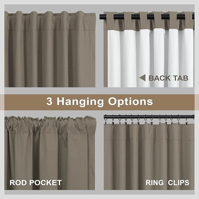 Light Brown Linen Blackout Curtains 96 Inches Long Back Tab Pocket Neutral Earthy Thermal Black Out Curtains for Living Room Sliding Glass Door Burg Floor to Ceiling Window Drapes 2 Panels 8ft Length