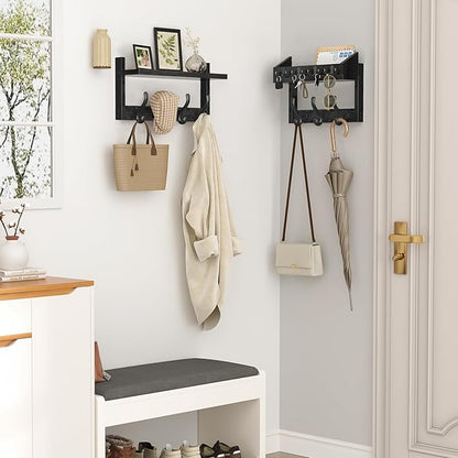 29" Coat Rack Wall Mount with Shelf, 4 in 1 Wall Mounted Coat and Key Hanger with 11 Hooks, Entryway Key Holder with Mail Holder for Living Room, Bedroom, Black