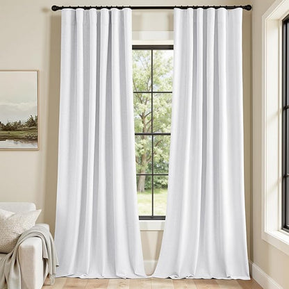 MIULEE 100% Blackout Curtains 90 Inch Long 2 Panels Set for Bedroom, Thick Faux Linen Black Out Curtain Room Darkening Back Tab Pleat Window Textured Drapes with Hooks for Living Room, Bright White