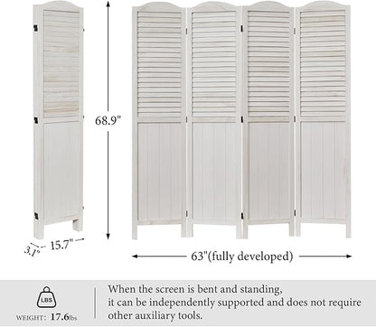 Room Partitions and Dividers, 68.9 Inch Temporary Wall with Double Hinges, Wooden Louver & MDF Stable Screens for Home Office Bedroom Coffeehouse Decoration (4 Panels, White-Washed)