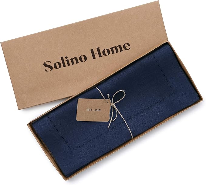 Solino Home Linen Navy Table Runner 72 Inches Long - 100% Pure Linen Hemstitch Table Runner 14 x 72 Inch for Dresser, Dining, Fall, Autumn, Halloween, Thanksgiving - Classic Hemstitch