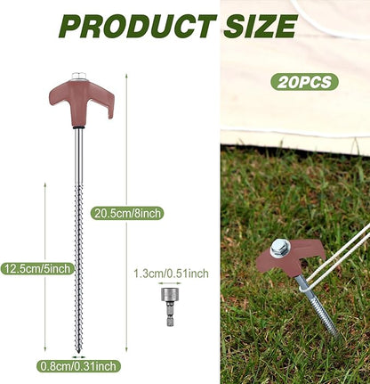Hicarer 20 Pcs 20 Pcs 8'' Screw in Tent Stakes Heavy Duty Ground Metal Stakes for Inflatables with Hex Head Driver for Outdoor Camping Tent Inflatable Garden Decor (Brown)