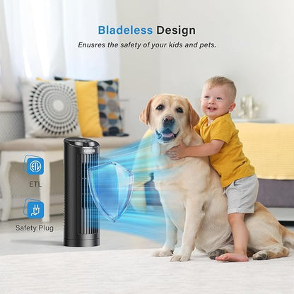 Tower Fan Bladeless with 3 Speeds, 4 Mode [AI, Normal, Natural, Sleep], Table Fan 80° Oscillation, Touch Screen + Remote Control, 12H Timer, 13" Desk Fan for Bedroom Home Office Desktop-Black