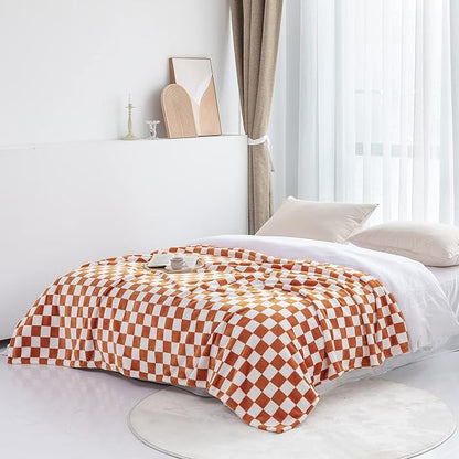 LOMAO Throw Blankets Flannel Blanket with Checkerboard Grid Pattern Soft Throw Blanket for Couch, Bed, Sofa Luxurious Warm and Cozy for All Seasons (Orange, 50"x60")