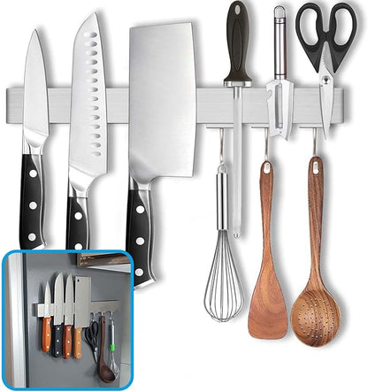 14 Inch Magnetic Knife Holder for Refrigerator - Knife Magnetic Strip for Fridge with Magnetic Hooks - Double Sided Magnetic Knife Bar - Stainless Steel Kitchen Magnetic Knife Hanger Rack