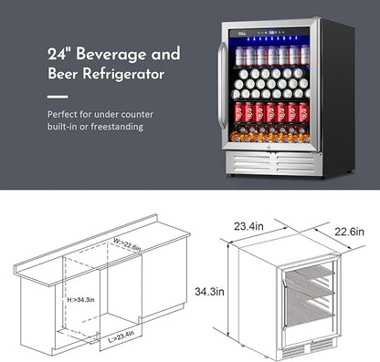 24 Inch Beverage Refrigerator Cooler,210 Cans Wide Beverage and Beer Fridge with Glass Door and Powerful Cooling Compressor, Built-in/Freestanding Drink Fridge for Kitchen, Bar or Office