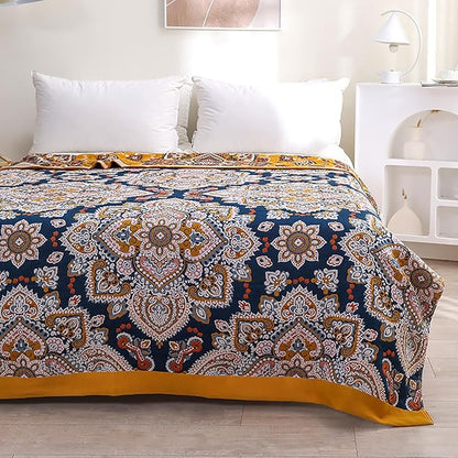Boho Muslin Blanket for Adults 4-Layer Gauze 80 x 90 Inches Soft Cozy 100% Cotton Summer Cooling Blanket Floral Decor for Sofa Bed Coverlet Both Sides (A Boho Spiral Flower, 80 x 90 in)
