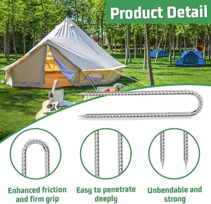 Rebar-Stakes-12-Inch, Ground Stakes Heavy Duty U-Hook Galvanized Anti-Rust Ground Anchors for Camping Tent Trampoline Accessories Dog Fence Chicken Coop Deer Fence 4pcs