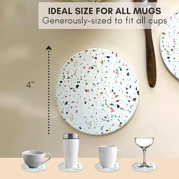 Terrazzo Drink Absorbent Coasters with Holder Set of 6, Ceramic Coaster for Drinks, Coffee Table Decor, Water Absorbing Stone Coaster for Drinks (Confetti)