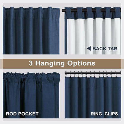 Navy Blue Drapes 96 Inch Long 2 Panels Back Tab Blackout Window Treatment Curtains White Backing for Living Room Darkening Thermal Linen Textured Black Out Curtain Bedroom Modern Farmhouse Dark Indigo