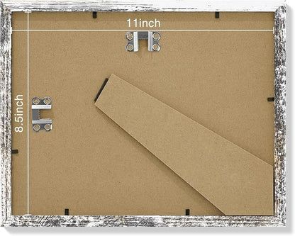 Vittanly 8.5x11 Picture Frames Set of 9, Shatter Resistant Plexiglass, Display 6x8 Pictures with Mat or 8.5x11 without Mat, Photo Frames for Wall or Tabletop, Engineered Wood, Distressed White