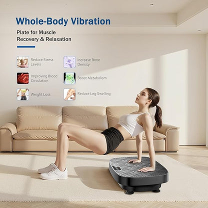 Vibration Plate Exercise Machine, Ultra-Quiet Vibration Plate for Lymphatic Drainage & Body Toning, Whole Body Vibration Platform with Bluetooth, Resistance Bands, Home Gyms Equipment