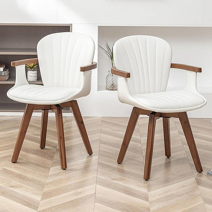 LUNLING Swivel Dining Room Chairs Set of 2,Mid Century Modern White Faux Leather Kitchen Chair with Arms,Bamboo Legs Side Chairs No Wheels,Accent Chair for Dining Rooms and Offices