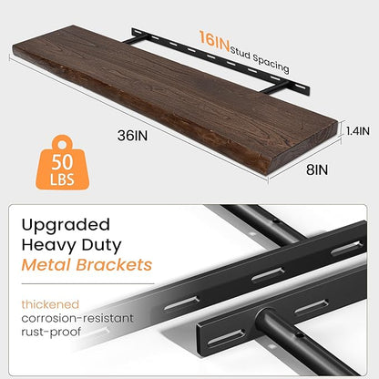 Fun Memories Solid Elm Wood Floating Shelves, 36 Inch Floating Shelves for Wall, Wall-Mounted Live Edge Wooden Shelves with Invisible Heavy-Duty Brackets for Books, Bathroom, Kitchen, Walnut Finish