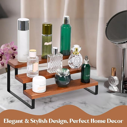 3 Tier Wooden Display Riser Stand Perfume Organizer with Metal Stand, Dessert Table Display Set, Food Display Stands for Party, Brown Rustic Solid Wood Shelf for Cupcakes, Perfume, Cologne, Spiece