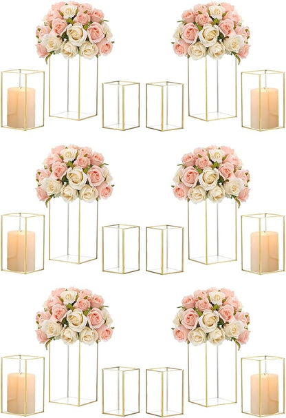 Hewory Glass Hurricane Candle Holder Set of 18, Gold Large Hurricane Centerpiece for Table, Tall Floor Square Pillar Candle Holders Lantern Set for Wedding, Anniversary, Party, Fireplace, Dining Room
